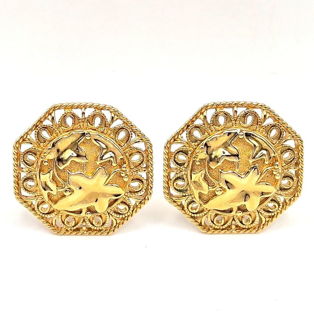 Jose Maria Barrera for Avon Vintage Gold Tone Filigree‎ Floral Clip On Earrings